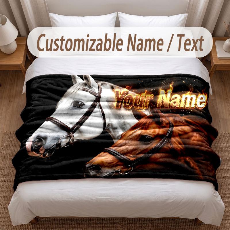 Horse Theme Soft Blanket Personalized Custom Name Text Print Warm Blanket Home Sofa Bedroom Decor