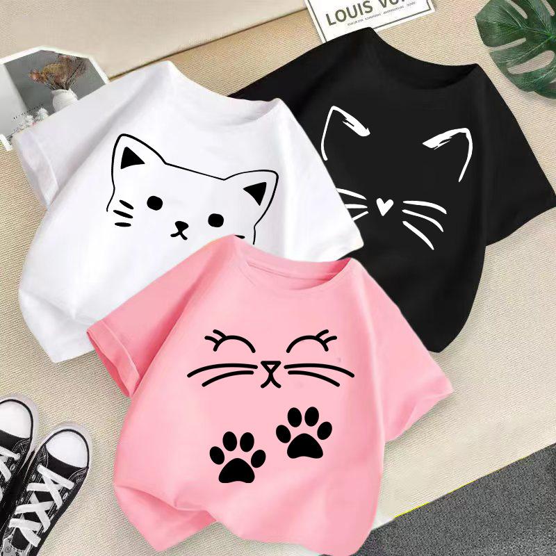 Summer Cute Cat Animal Print Round Neck Short Sleeved Tee Shirt for Boys and Girls Fashionable and Simple Children's T-shirt