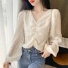 Elegant V-Neck Puff Sleeve Chiffon Blouse Women's Spring Autumn Loose Casual Long Sleeve Ruched Short Top