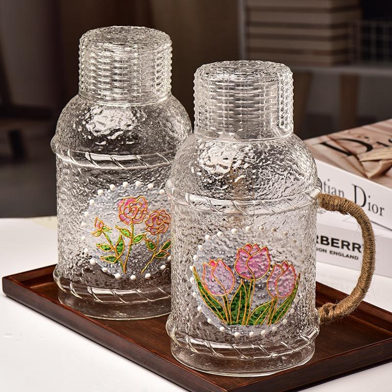 Japanese Style High Temperature Resistant Hammered Glass Water Jug Large Capacity Handle Pitcher with Cups Set