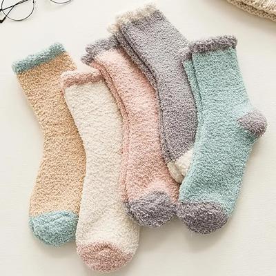 5 Paar warme, korallenfarbene Plüschsocken für Damen, weiche, flauschige, lässige, dicke Wollsocken mit mittellangen Ärmeln, ideal zum Entspannen und Schlafen auf dem Boden.