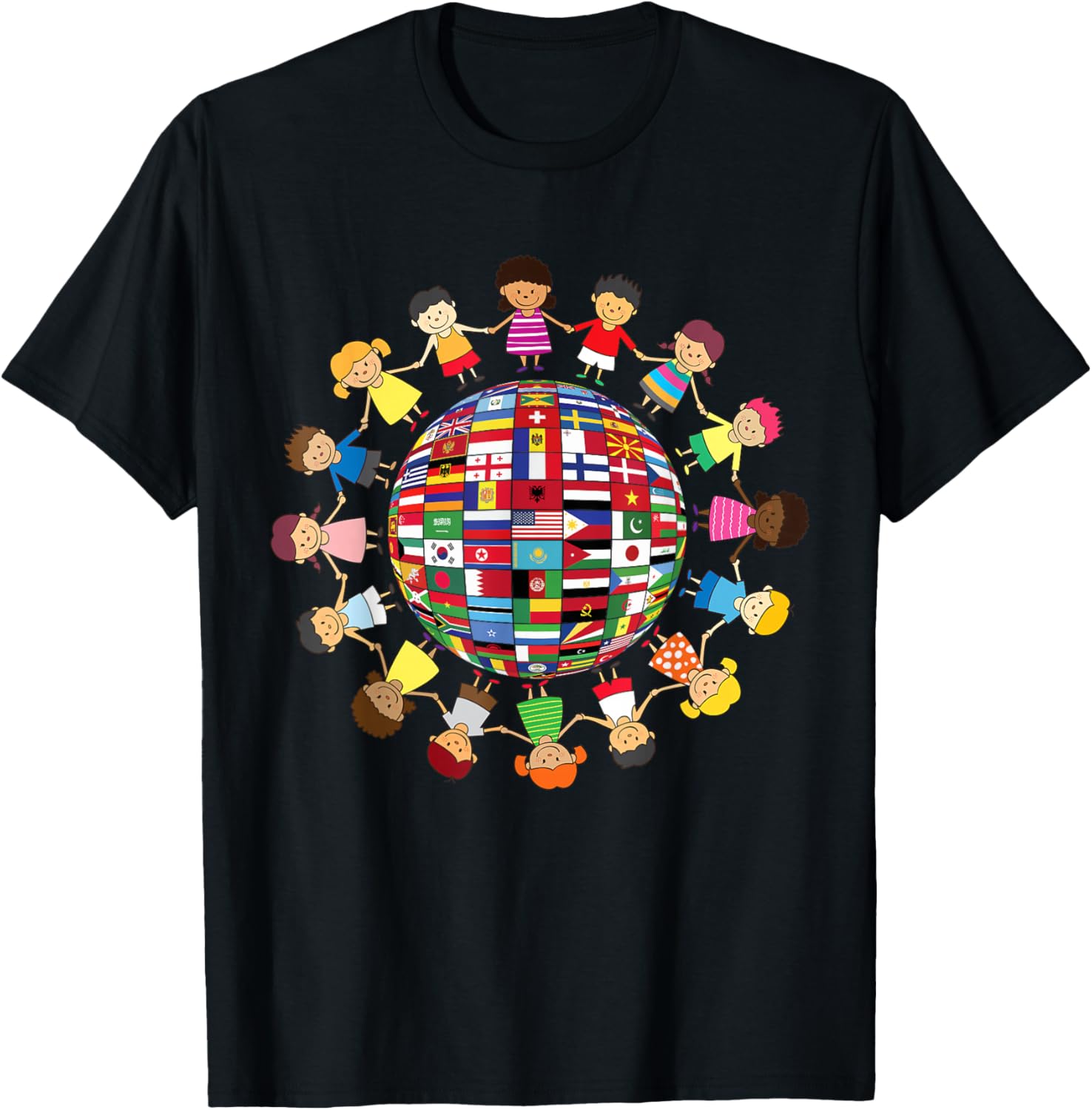 Children Holding Hands Around Globe Flags T-shirt XL