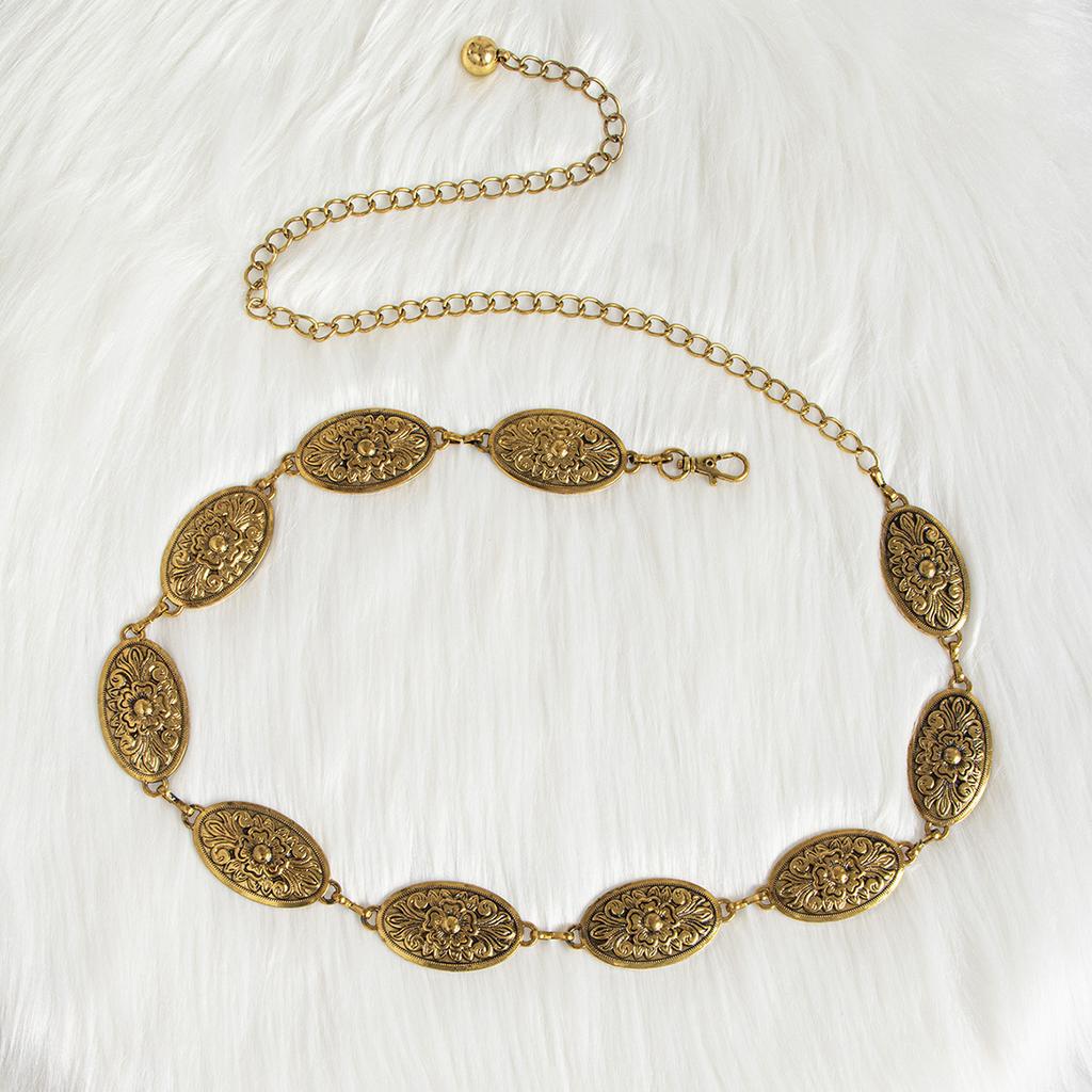 New Carved Retro Metal Women's Waist Chain Ancient Silver Bronze Western Style Embossed Alloy