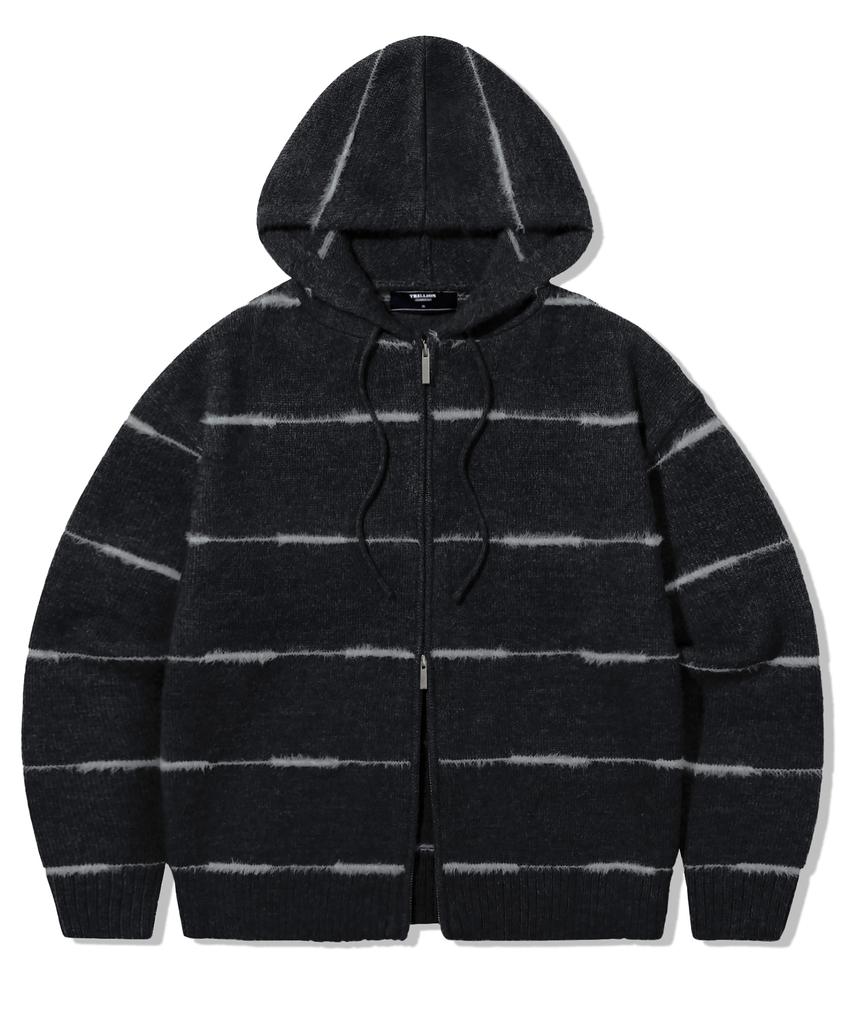 TRILLION Washable Wool Hairy Stripe Hooded Zip-Up Knit_Black