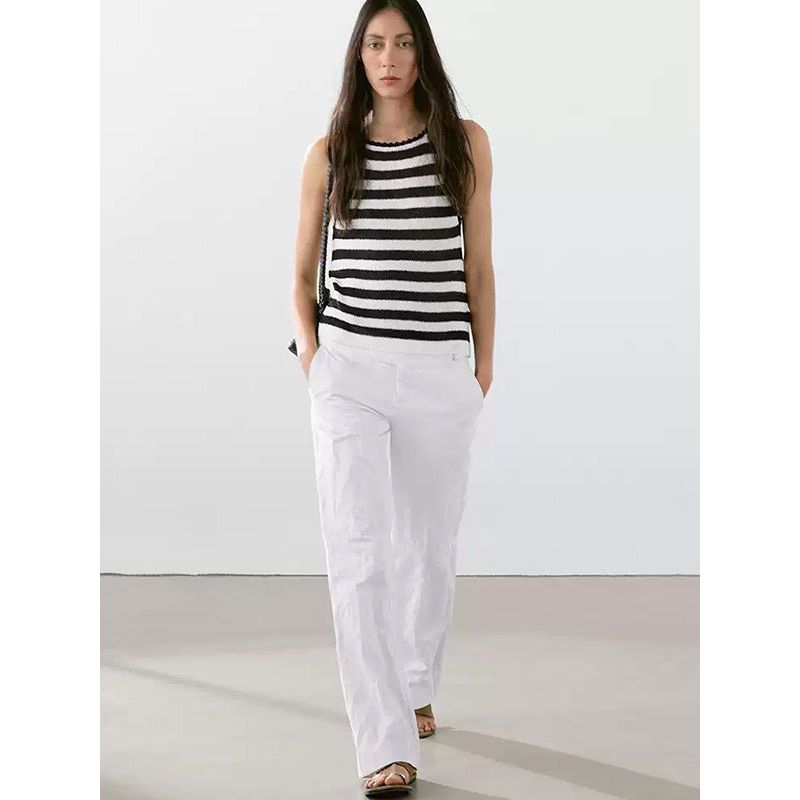 MD Women clothes Navigation Series Black and White Stripe Lace Knitted I-Shaped Vest Sleeveless T-shirt Top Tide 06811701800