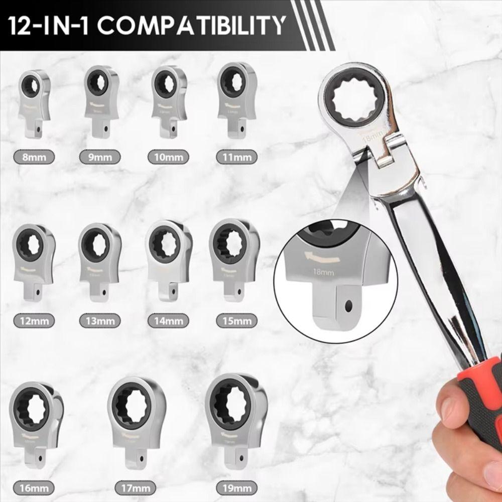 Chrome Vanadium Steel Ratchet Wrench Set 180° Rotating Gear 72-Tooth Spanner Interchangeable Head Wrench Interchangeable Heads