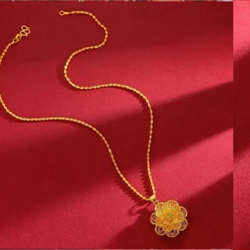 Blooming Wealth Longevity Lock Pendant with Gemstones On Black Rope Necklace