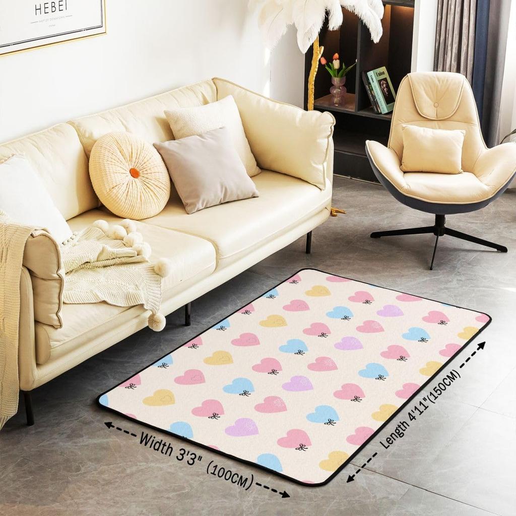 Cute Heart 3x5 Area Rug Cartoon Bow Knot Rugs for Living Room | Colorful Romantic Pink Fantasy Washable Rug,Valentine's Day Theme Love Heart