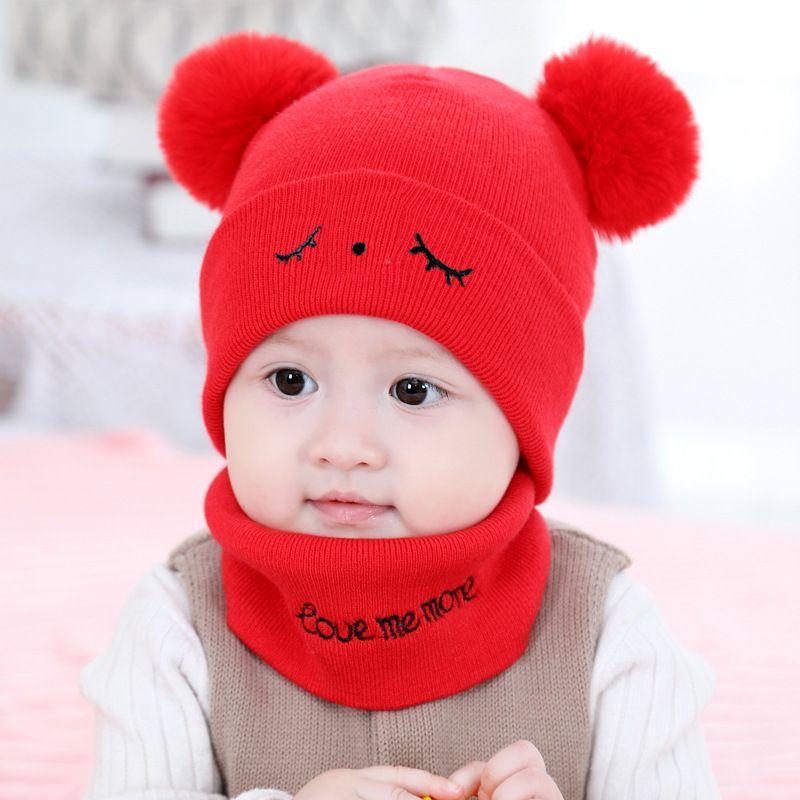2pcs Winter Baby Hat Scarf Set Toddler Girl Boy Cap Knitted Beanie Fur Ball Cartoon Bear Snow Outfit Infant Accessories