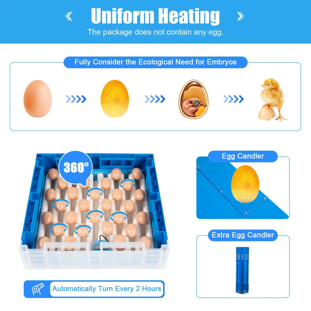 Bymaocar Blue 64 Egg Automatic Incubator Digital Poultry Hatcher W/ Temperature & Humidity Control,Auto Egg Turning Function