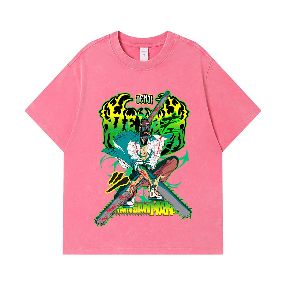 275 GSM Washed T-shirts 100% Cotton Chainsaw Man V36 Denji Pochita Print Unisex Heavy Cotton T Shirt