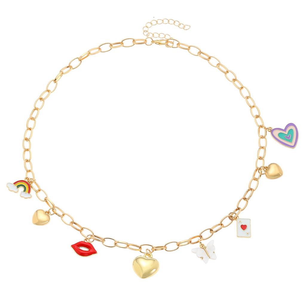 Multi Charm Chain Necklace with Rainbow Heart Butterfly and Lips Pendants for Women