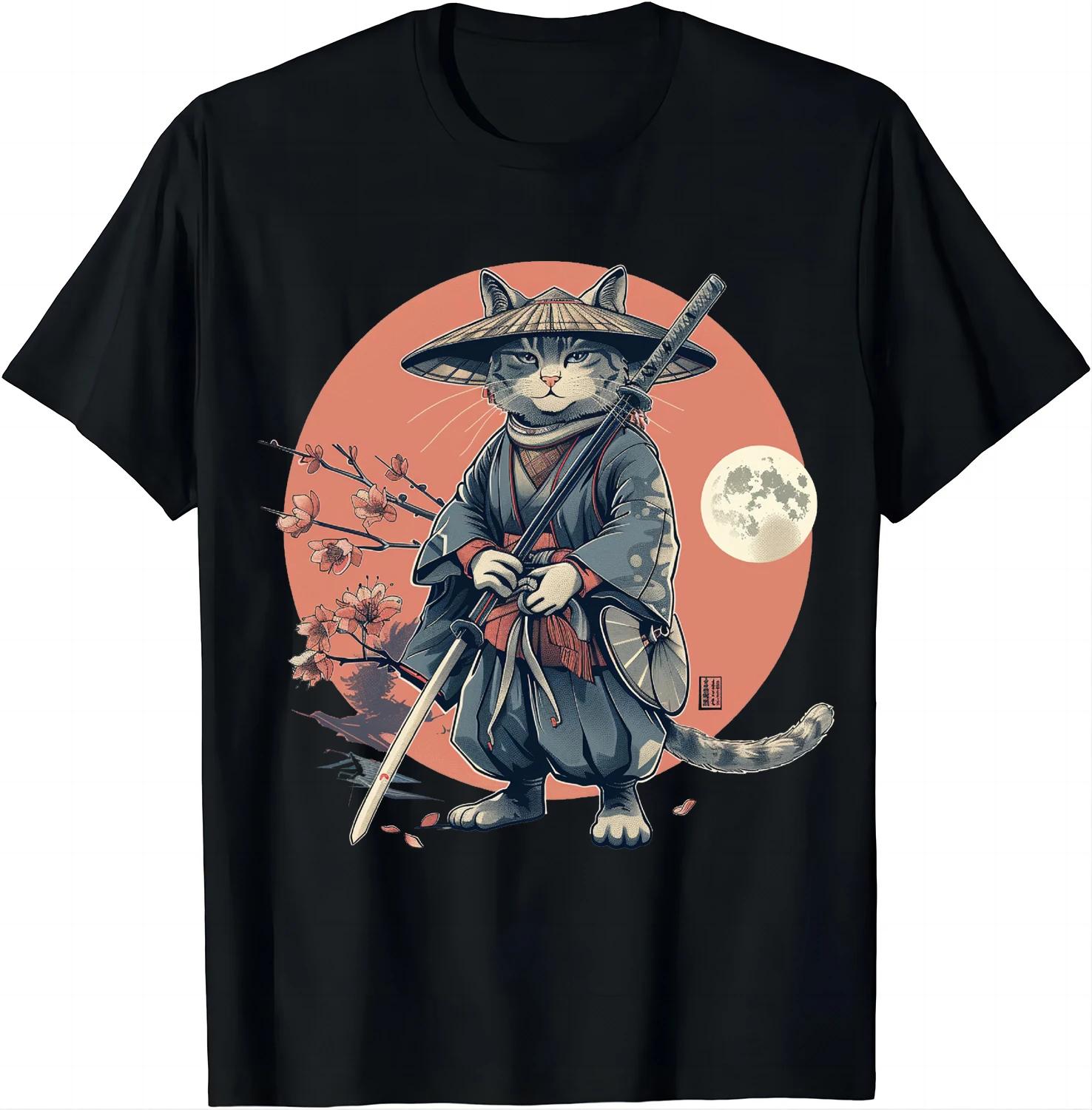 

Japanese samurai cat tattoo Kawaii ninja cat T-shirt street cool casual wear women s clothing top Camisetas 4XL