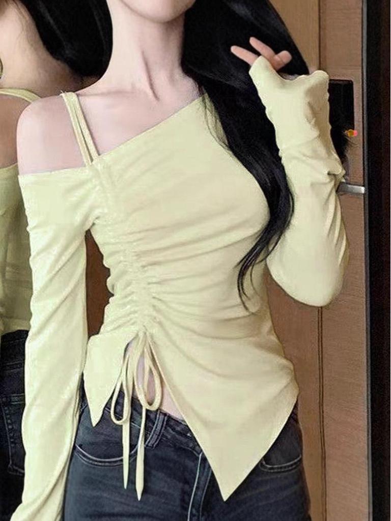 Spring & Autumn Asymmetrical Shoulder Dress with Double Straps & Drawstring - Sexy Curve-Enhancing Date Outfit