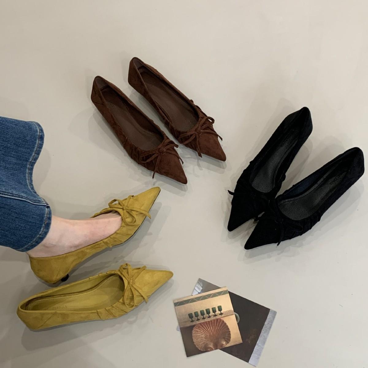 

2025 new pointed dwarf cat heel shallow pleated bow versatile professional commuter work women s single shoes 39 жёлтый