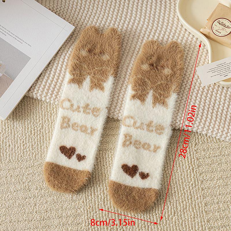 Autumn Winter Coral Velvet Socks Cartoon Bear Socks For Women Children Girls Middle Tube Thickened Sleep Socks Home Floor Socks