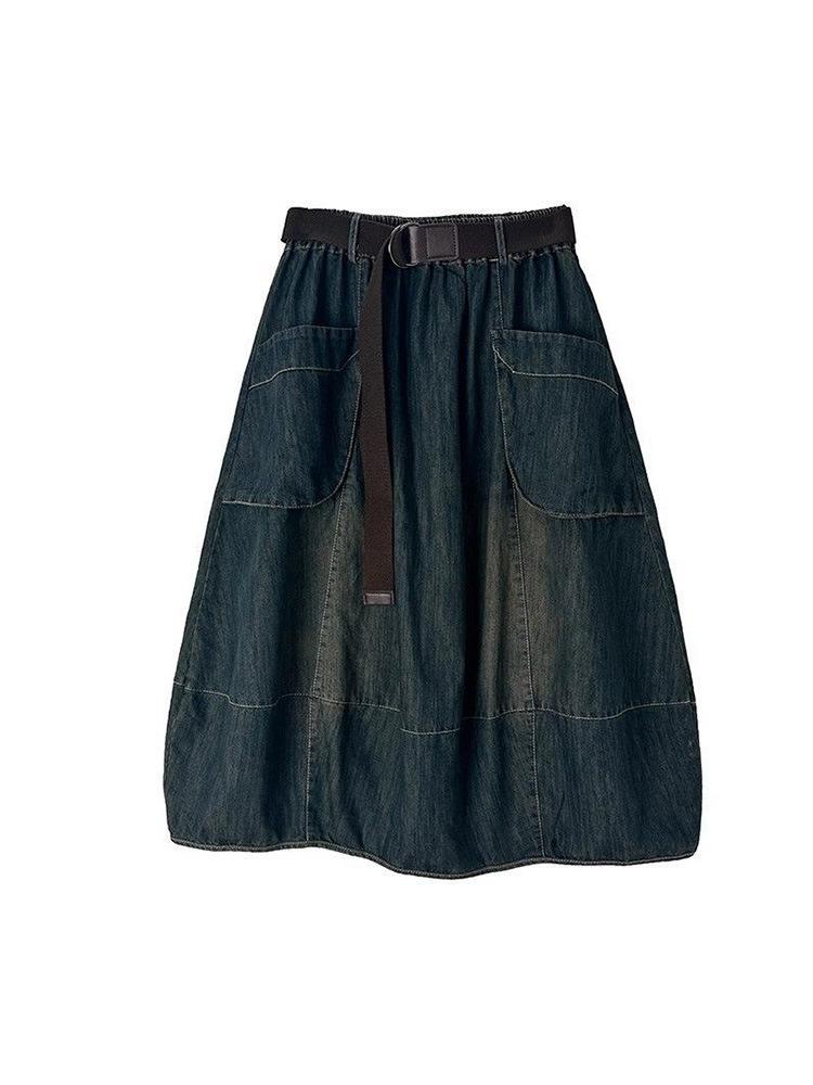Women's Spring/Fall Loose-Fitting, Flattering A-Line Skirt: High-Waisted Elastic Waistband Denim Midi Skirt