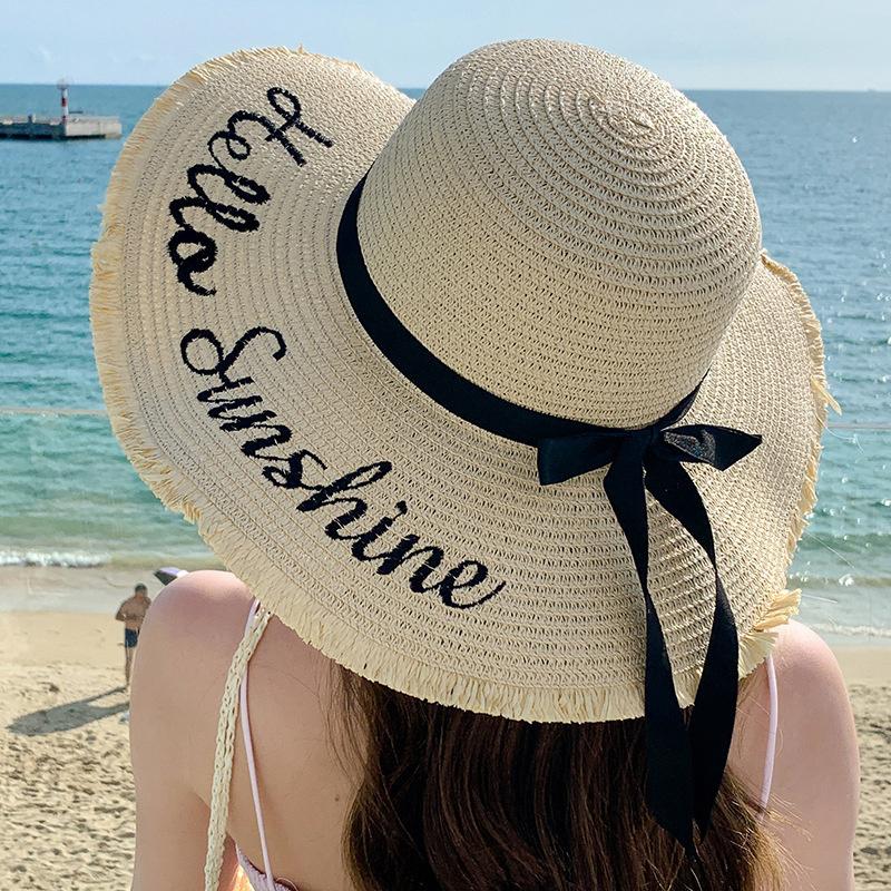 Women Summer Beach Straw Hat Korean Seaside Brim Sunblock Sunshade Holiday  Big Cool Bow Hat