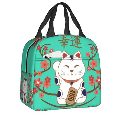 Cute Maneki Neko Waving Insulated Lunch Tote Bag for Women Japanese Lucky Cat Resuable Thermal Cooler Bento Box Camping Travel