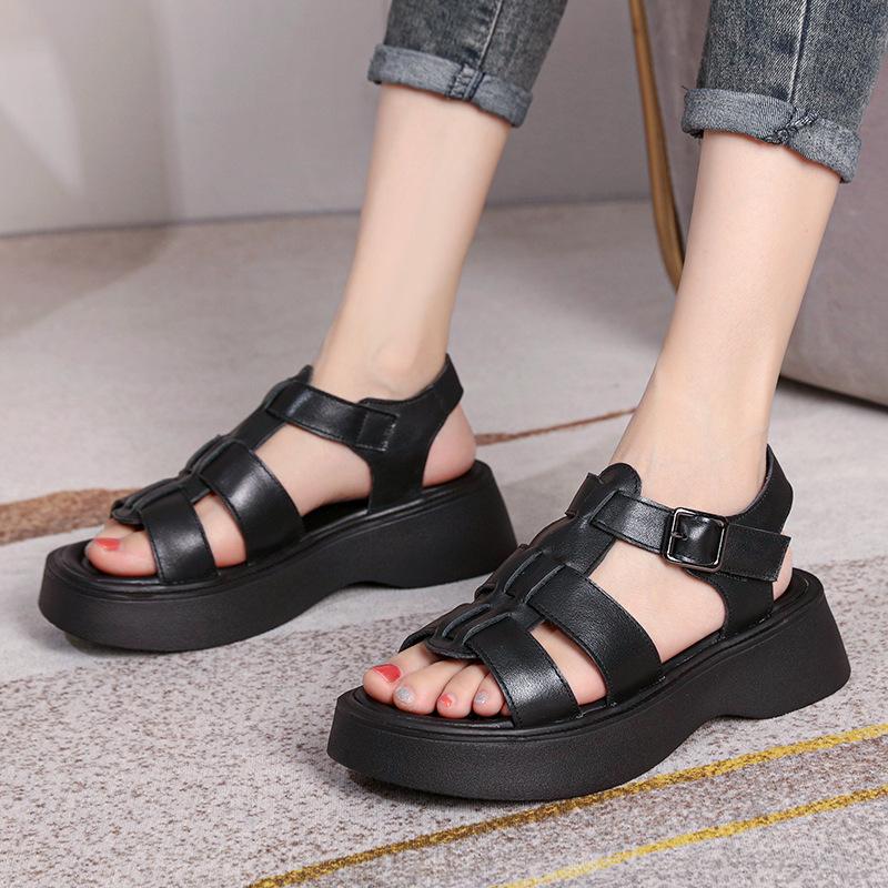 Fashion GKTINOO Summer Mixed Color Genuine Leather Sandals Roman Shoes Platform Wedges Woven Thick Soled Sandals Women Shoes Large Size
