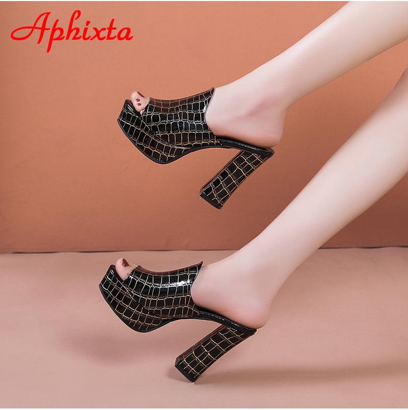 Aphixta 10.5cm Square Heels Platform Slides Women Mules Design Peep Toe Slippers Sandals Summer Cool Shoes Female Big Size 41