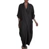 2026 Autumn Linen V-Neck Bathrobe Dress with Pockets - Solid Color, Casual, Loose, Slit Design