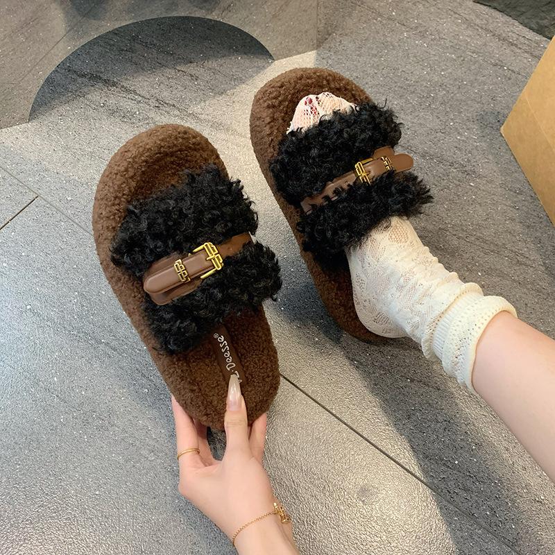 Retro Dicksohlige Flauschige Hausschuhe Damen Outdoor 2025 Herbst und Winter Koreanische Version Bequeme Lockige Hausschuhe Ein-Wort Baumwollschlepper Damen