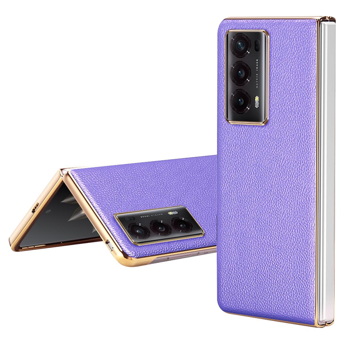 

Чехол для телефона For Honor Magic V2 5G с гальваническим покрытием и рамкой из личи, защитный чехол из поликарбоната с покрытием из искусственной кожи Purple