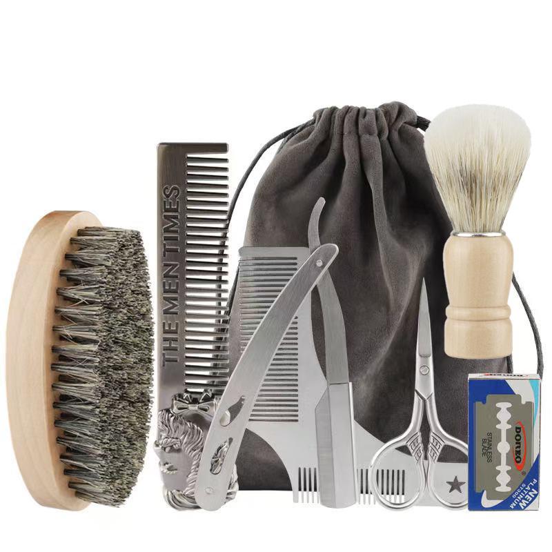 Men's 6-Piece Beard Grooming Kit: Boar Bristle Brush, Iron Alloy Comb, Razor, and Cloth Bag.