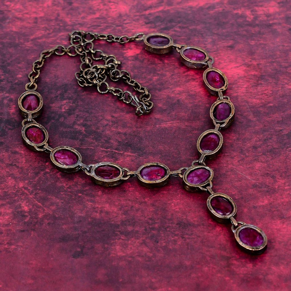 Faceted Kashmir Ruby Gemstone Necklace Electroformed Copper Adjustable Necklace