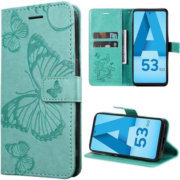 Coque - BOOLING - pour Samsung Galaxy A53 5G - Cuir PU Vert - Motif Papillon - Fermeture Magnétique