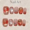 10Pcs Handmade Short Square Nails Spring Gradient Blush White Flowers Gold Edge Simple Sweet Removable Acrylic Manicure