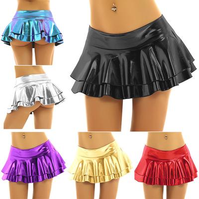 Frauen Sexy Clubwear Metallic Plissee Low Rise Doppellagiger Rüschen Minirock Tanzkostüm