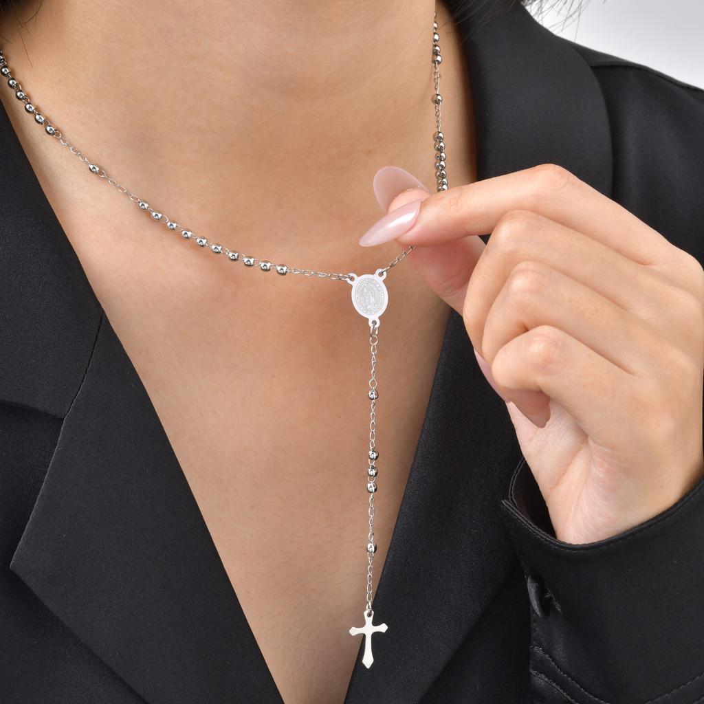 Edelstahl Rosenkranz Halskette Für Frauen, Lange Kette Jungfrau Maria Y-Form Vergoldet Katholisch Religiöser Schmuck