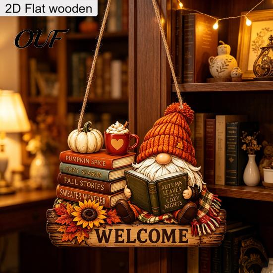 Thanksgiving Holiday Ornament Fall Wooden Sign Door Hanger, 2D Sunflower Pumpkin Gnome Wall Indoor Outdoor Art Plaque, Rustic Farmhouse Autumn Hanging