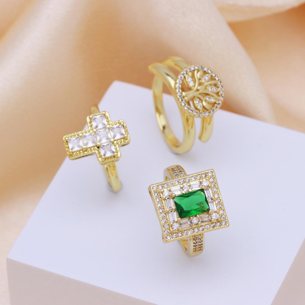 Copper Plated Zirconium Lucky Tree Cross Open Ring Women'S Light Luxury Design Hand Jewelry