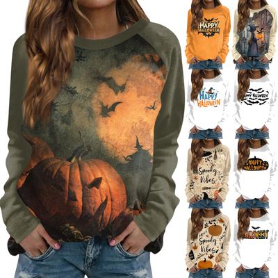 Dámský módní ležérní svetr s dlouhým rukávem a halloweenským potiskem, kulatý výstřih