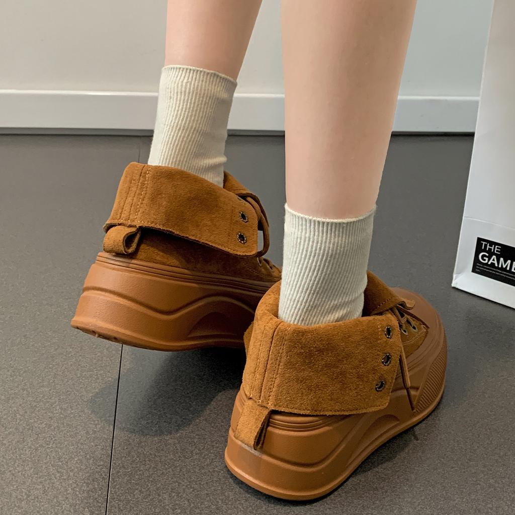 Queen Fan retro thick-soled high-top canvas shoes women's 2025 new autumn heightening soft-soled casual board shoes