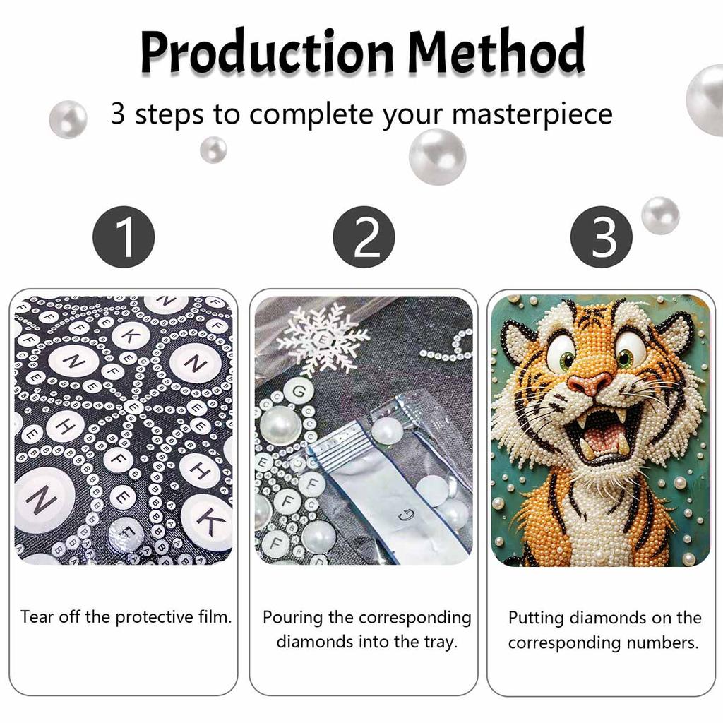 Sparkling Framed Pearl Painting Kit DIY with Cute Tiger Animal Design 3D Bead Art Canvas Ready To Display Home Wall Decor Gift Set for Crafts