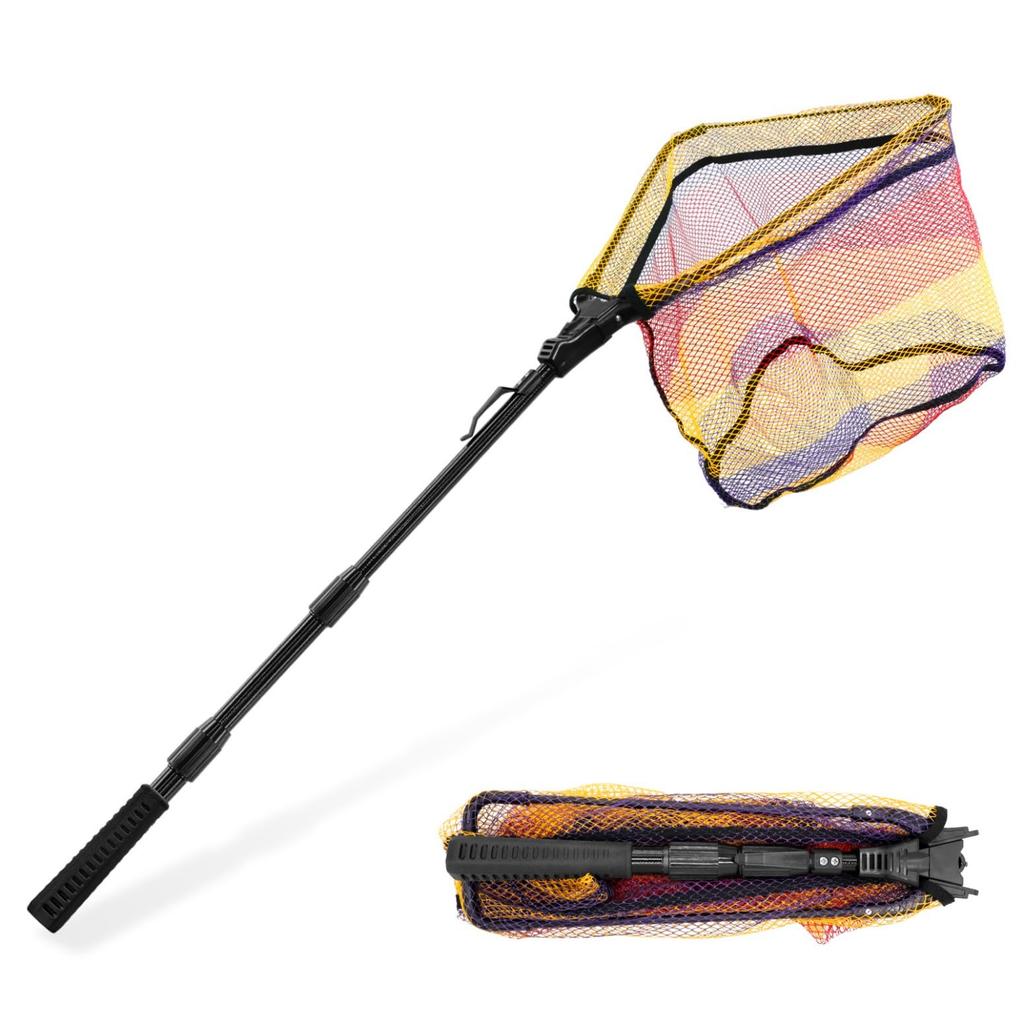 KOMCLUB Tamo Net Foldable Landing Net Glass Fiber Telescoping Adjustable Triangular Net One Touch Net Rubber Coating Lightweight Portable For Fishing