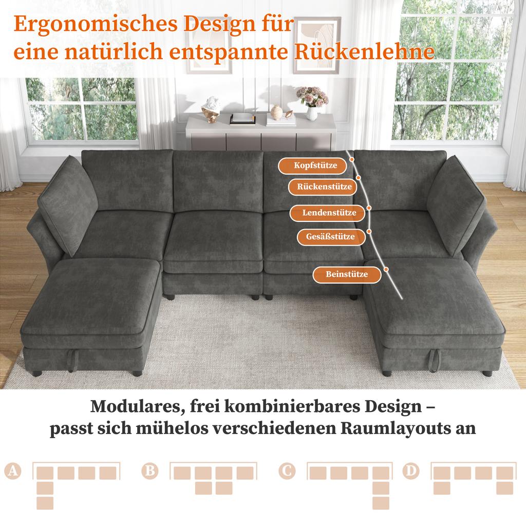 Modular U-/L-Shaped Corner Sofa, Combinable 6-Seater with Storage Stool, Cloud Design, Chenille Fabric, for Living Room, Apartment and Bedroom, Grey.