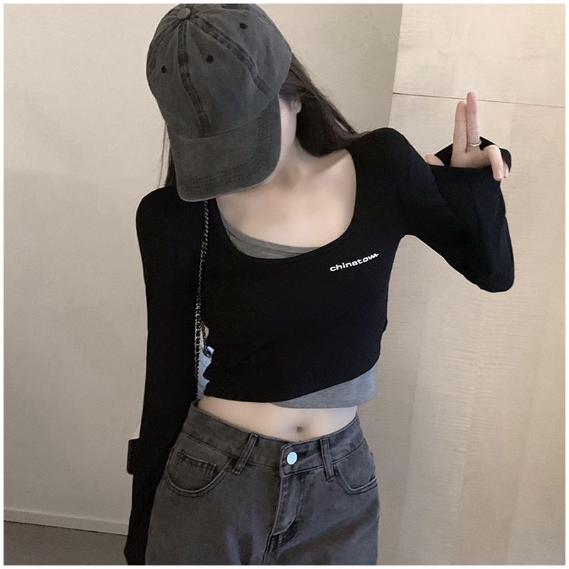 

Jazz Tops Jazz Slimming False Two-Piece Pure Desire Sexy Crop Top Short Fashion Y2g Millennium Sexy T-shirt Long Sleeve Black fake two pieces pure cotton L