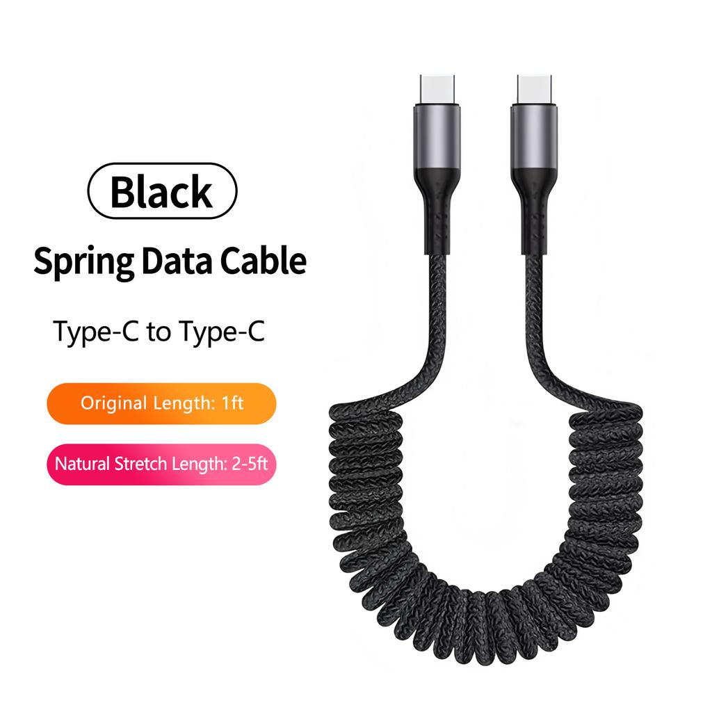 Electronic Accessories 100W 90 Degree Right Angled USB-C Coiled Retractable Data Cable Pure Copper Conductor Braid