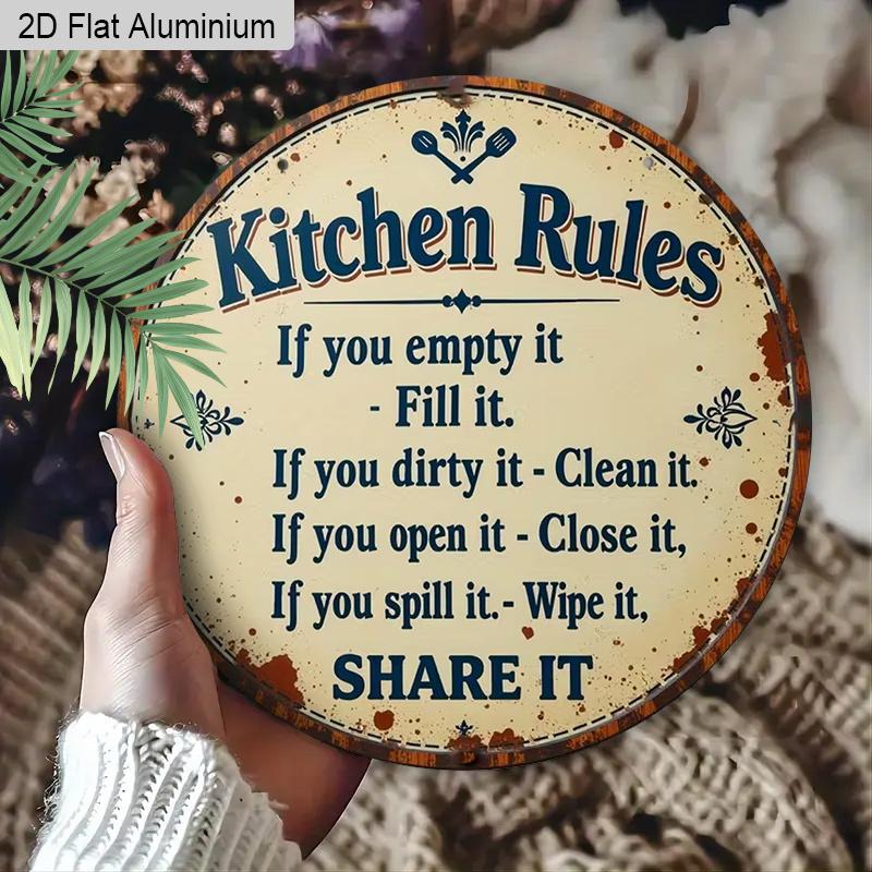 2D Flat Aluminum Rustic Farmhouse Kitchen Decor Round Metal Sign, Cute Family Manners Sign for Mom, Wife, Housewarming Gift, Pre-Drilled Holes for