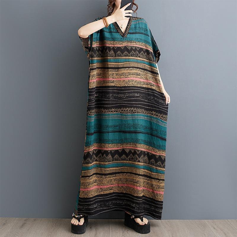 Real summer new thin cotton and linen V-neck literary loose large size simple holiday style long dress women