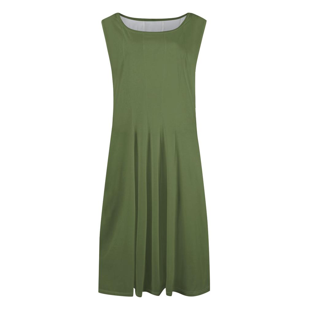 Women's Fashionable Round Neck Sleeveless Solid Color Casual Pullover Mid Length Dress