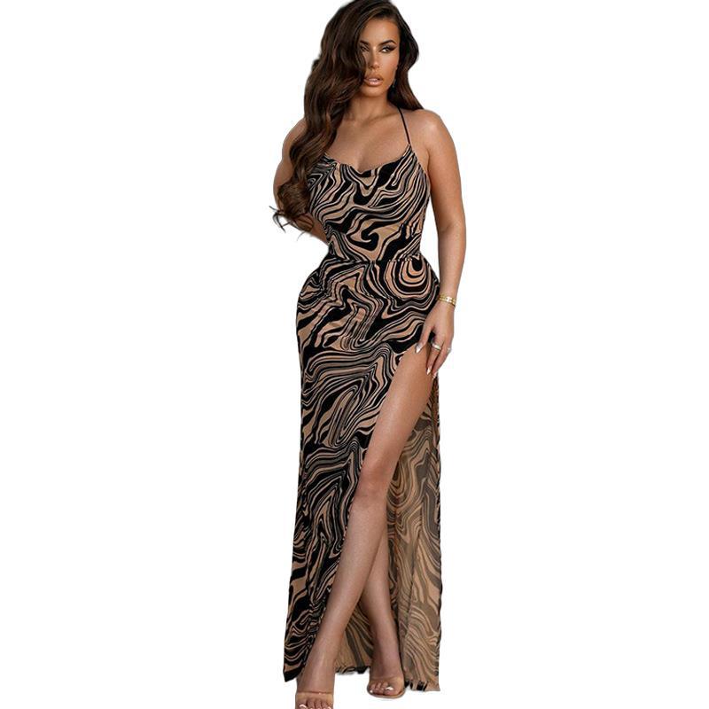 Women Spring Sleeveless Print Patchwork Strapless Camisole Dress Summer Casual Slim Ankle-Length Backless High Waist Slit Pencil Dresses S-XL