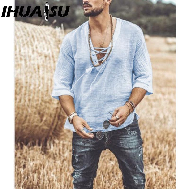 IHUASU Bavlněné tričko s krátkým rukávem Pánská móda Košile s volným polovičním rukávem Košile s potiskem