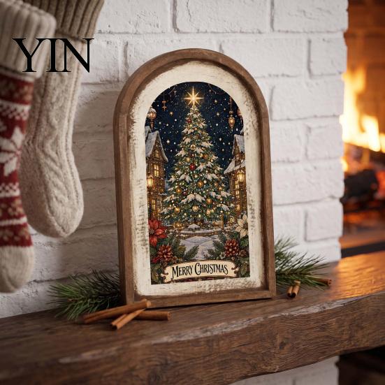 Christmas Garden Decorations Campfire Dinner Wooden Wall Art, Festive Holiday Framed Decor for Ornaments Living Room, Rustic Hanging Ornament
