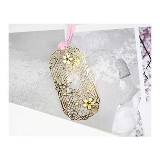 Set of 6 Metal Bookmarks with Cherry Blossom Motif, Elegant Gold Plated Lace and Ribbon Design, Animal Silhouette, Perfect for Readers and Gifts,